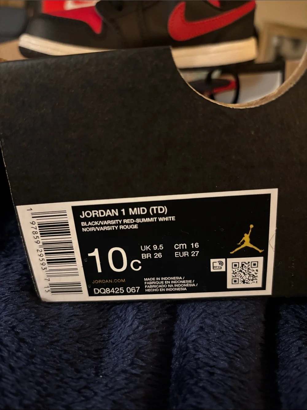 Jordan 1 Mid Black and Red - Kids Size 10C